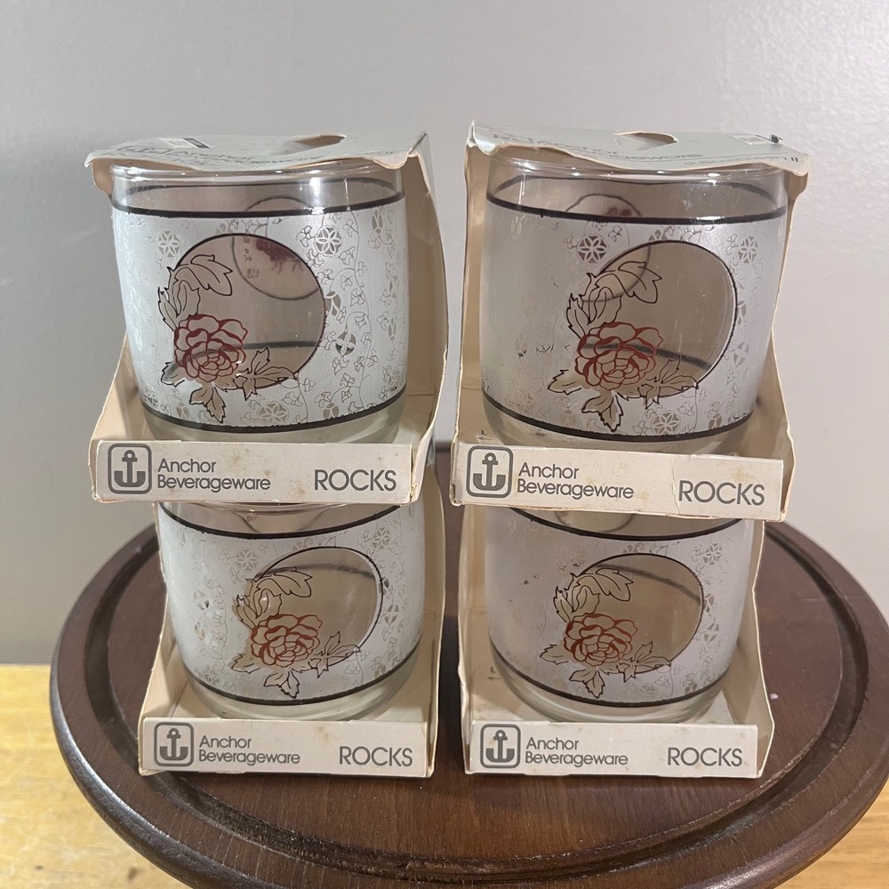 Anchor Hocking Plaza Rocks Glasses Set of 4 Vtg White Silver Rose Butterfly 9.5z